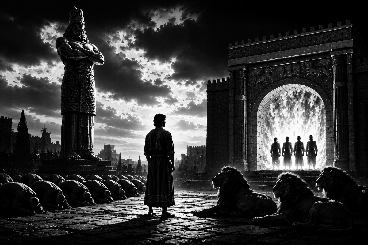 Daniel before a colossal statue, with the fiery furnace and the lions' den beyond