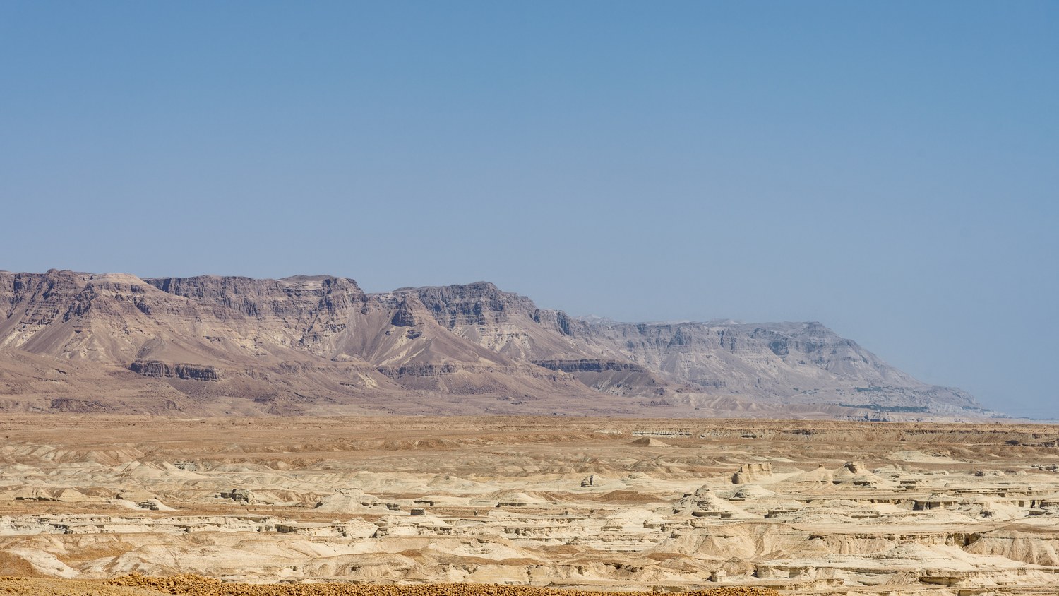 The shore of the Dead Sea, with white salt crusting the rocks and shallows under a bright sky