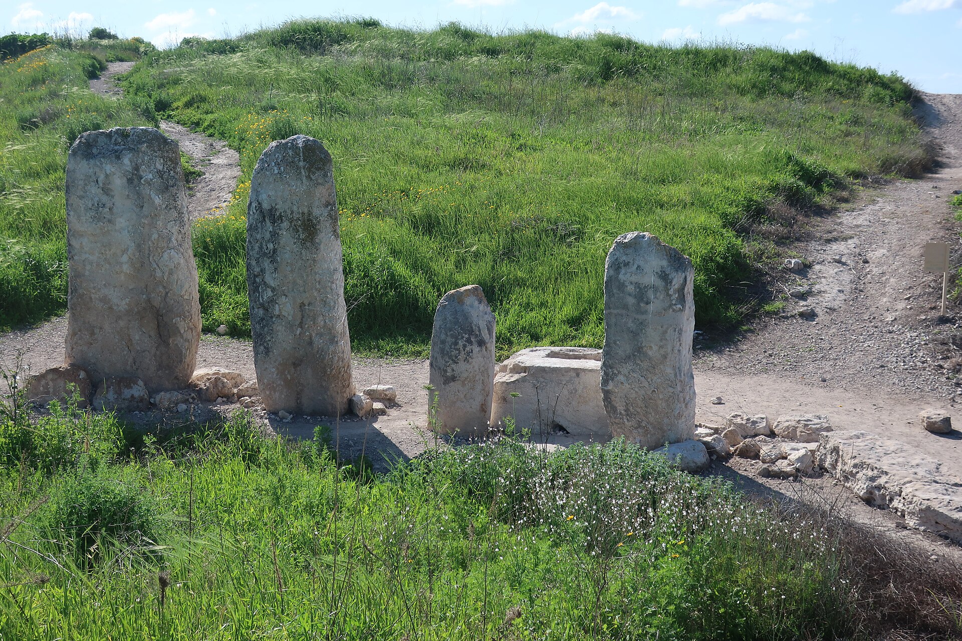A row of tall upright limestone monoliths standing in grass on the mound at Tel Gezer