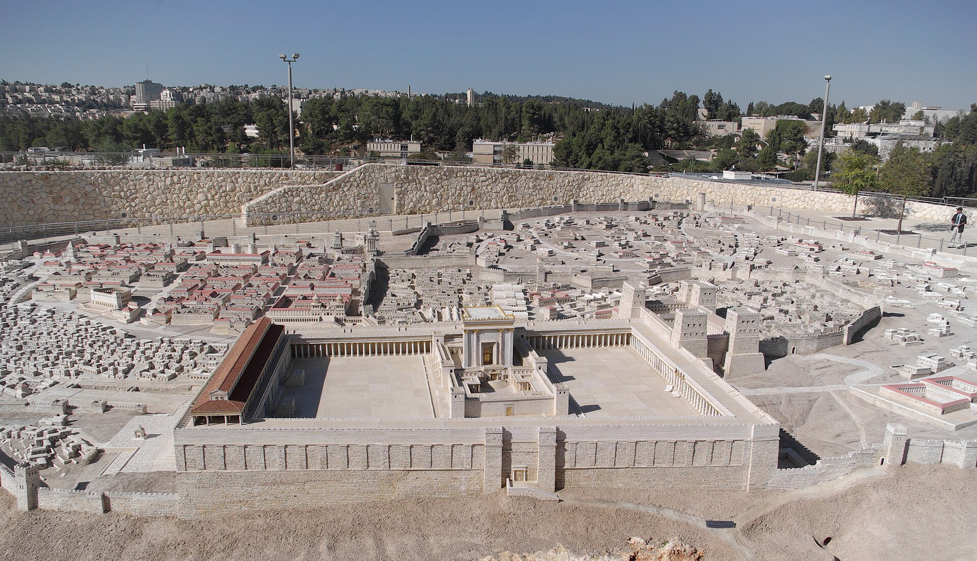 A large outdoor scale model of first-century Jerusalem, with the temple standing on a walled stone platform surrounded by courts and colonnades