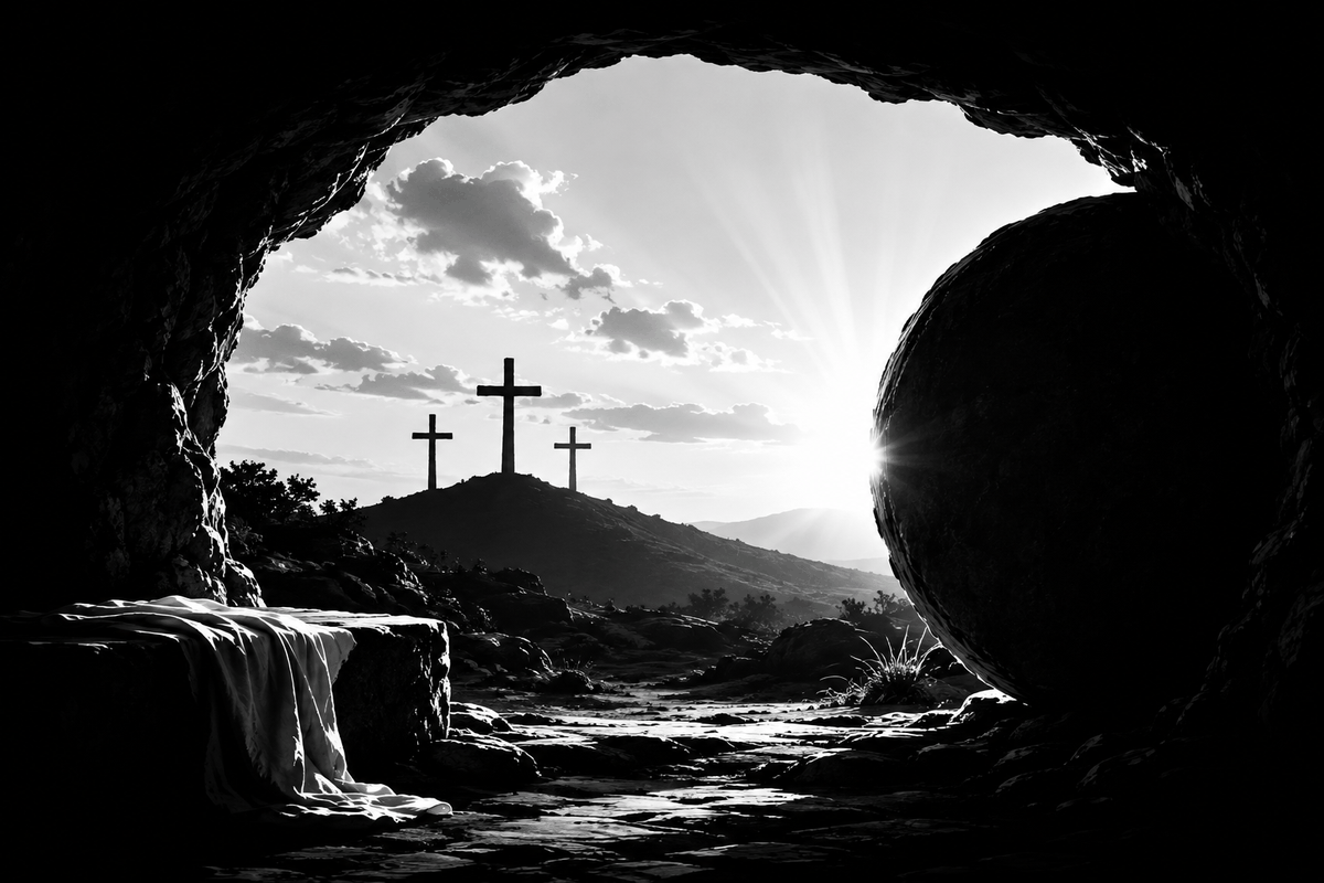 An empty tomb with its stone rolled aside, three crosses on the hill beyond