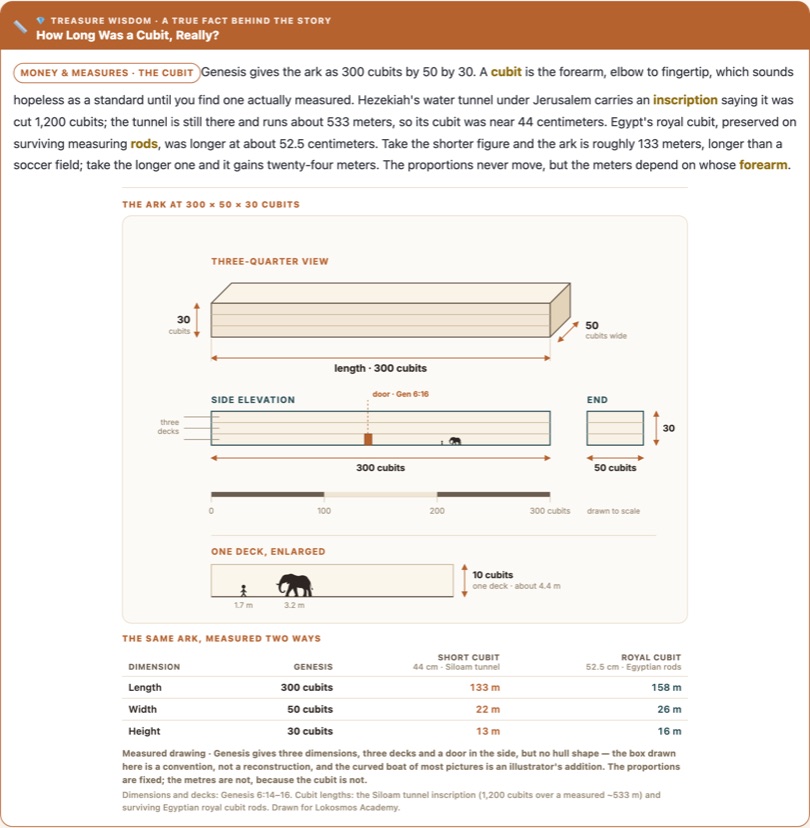 Sample Lokosmos Treasure Wisdom section asking how long a cubit was, with a measured drawing of the ark at 300 by 50 by 30 cubits and a table converting those figures two ways