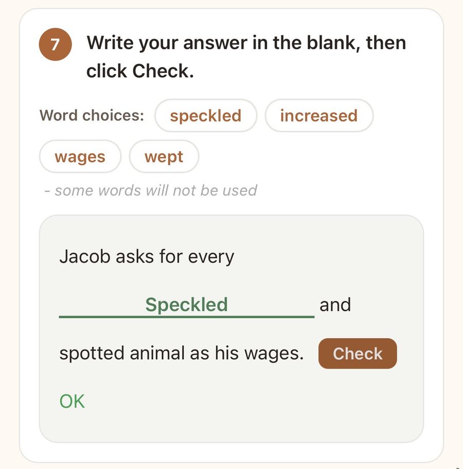 A fill-in-the-blank question from the workbook: the student types speckled into the blank and clicks Check