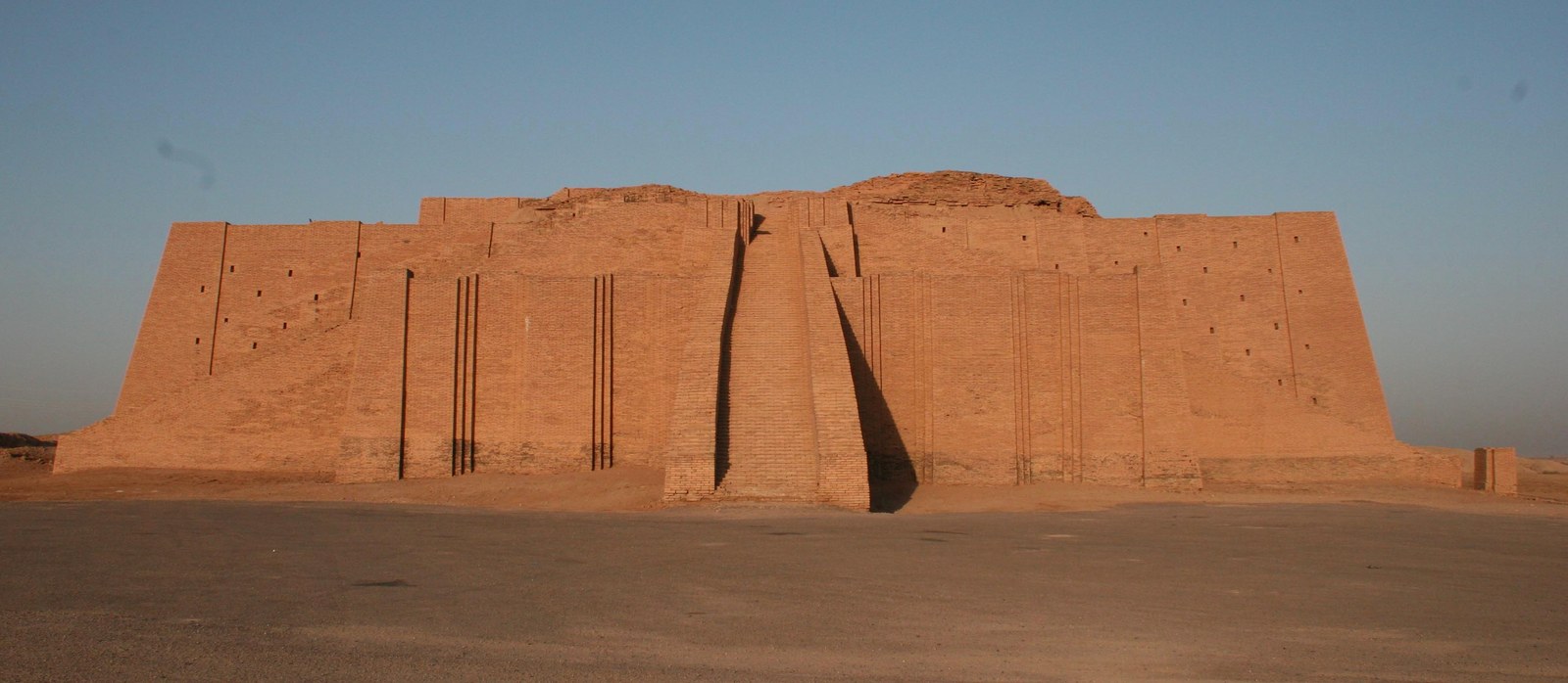 The restored lower stage of the Great Ziggurat of Ur, with its triple staircase climbing the front face