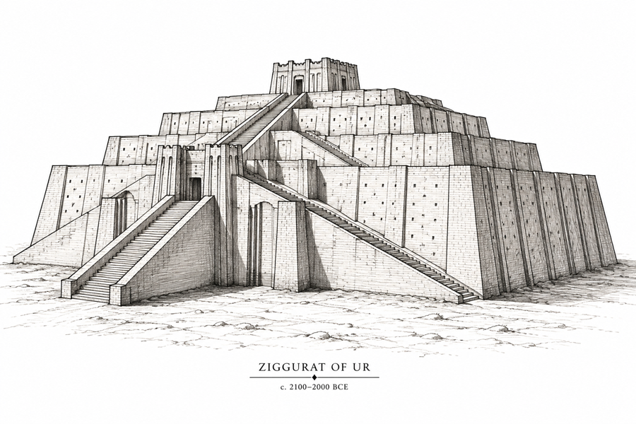 Artist’s reconstruction of how the Great Ziggurat of Ur may have looked around 2100 BC; the upper stages and shrine are conjectural